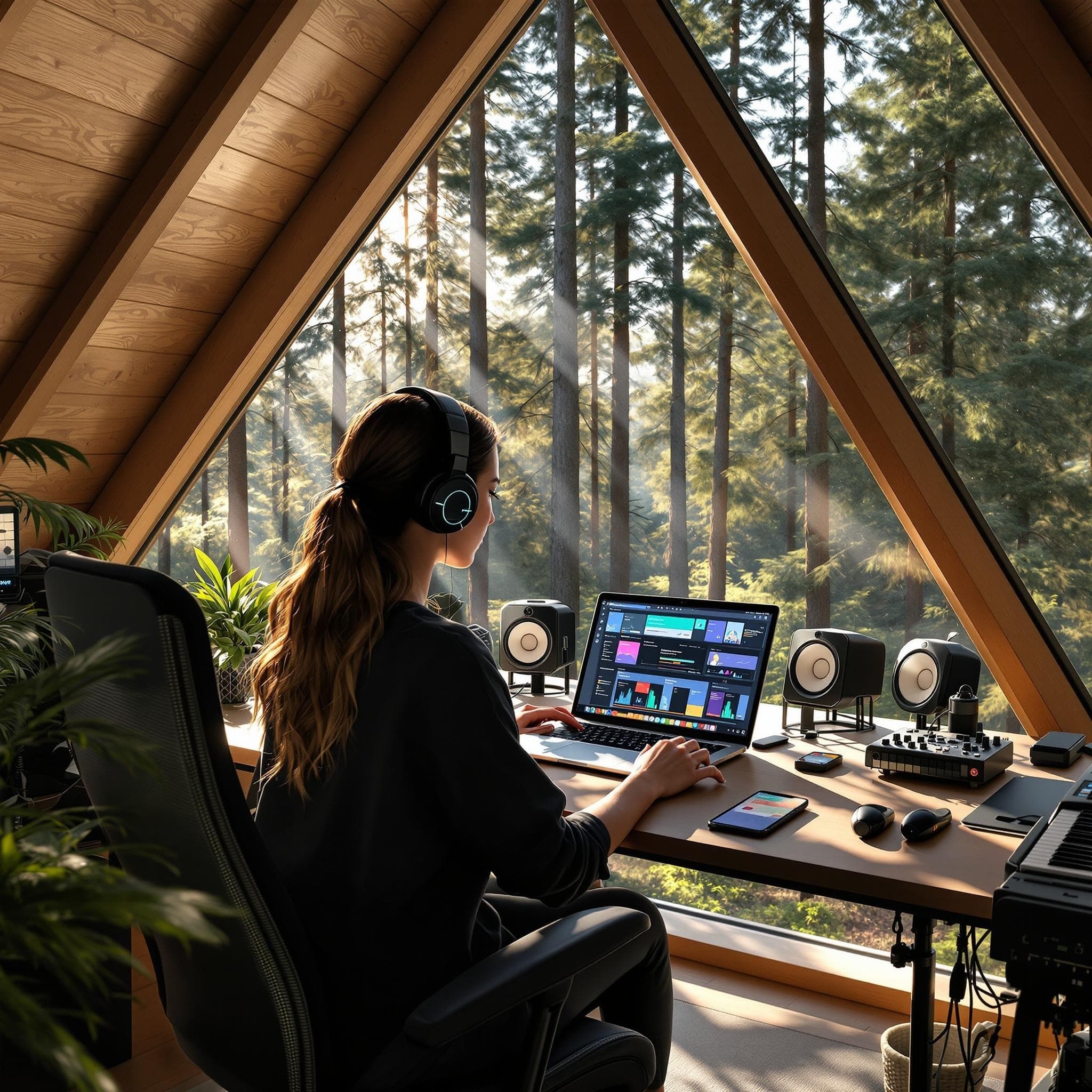 Artista trabajando en un estudio en el bosque con herramientas creativas de Incurator.