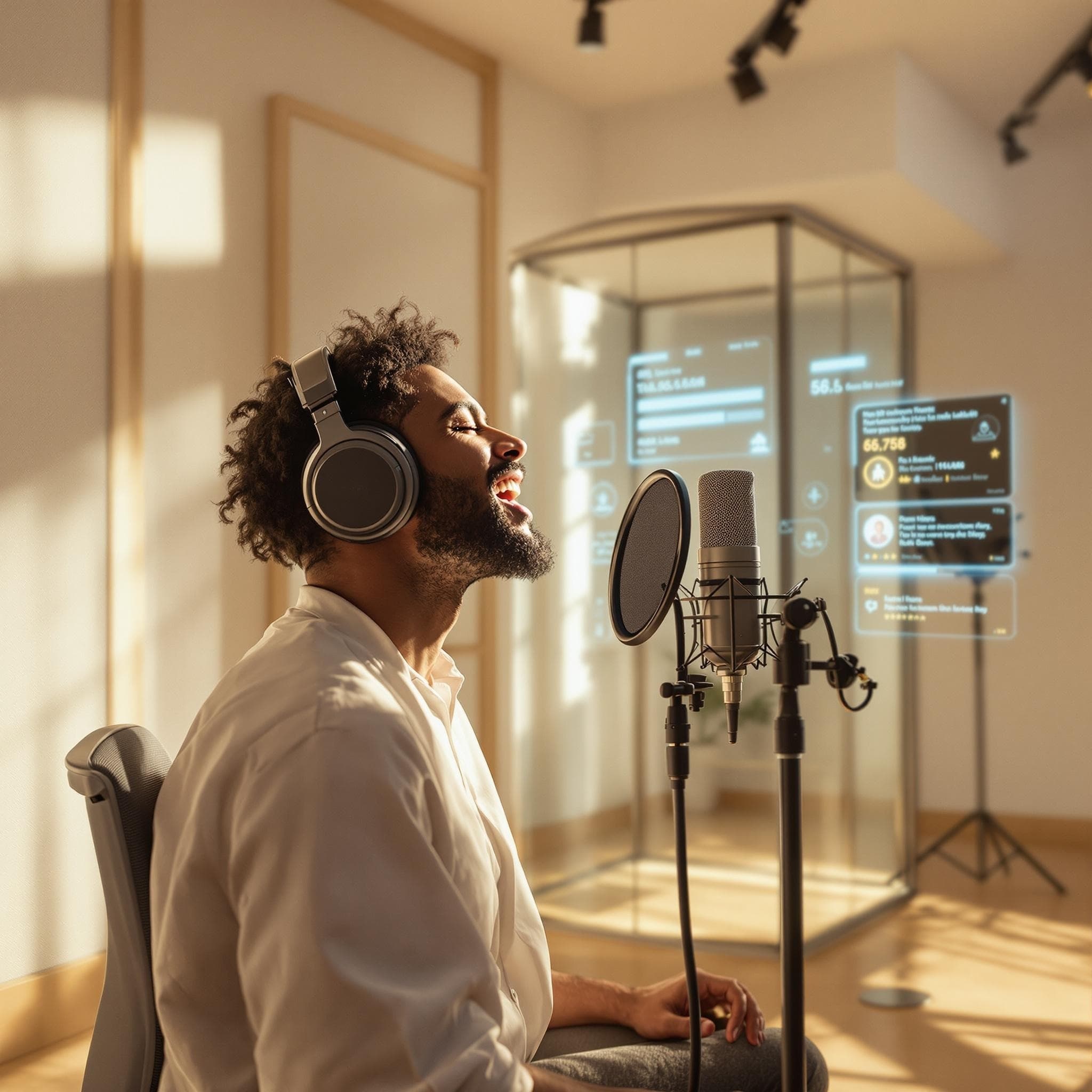Artista grabando voces mientras ve paneles de rendimiento en el estudio.