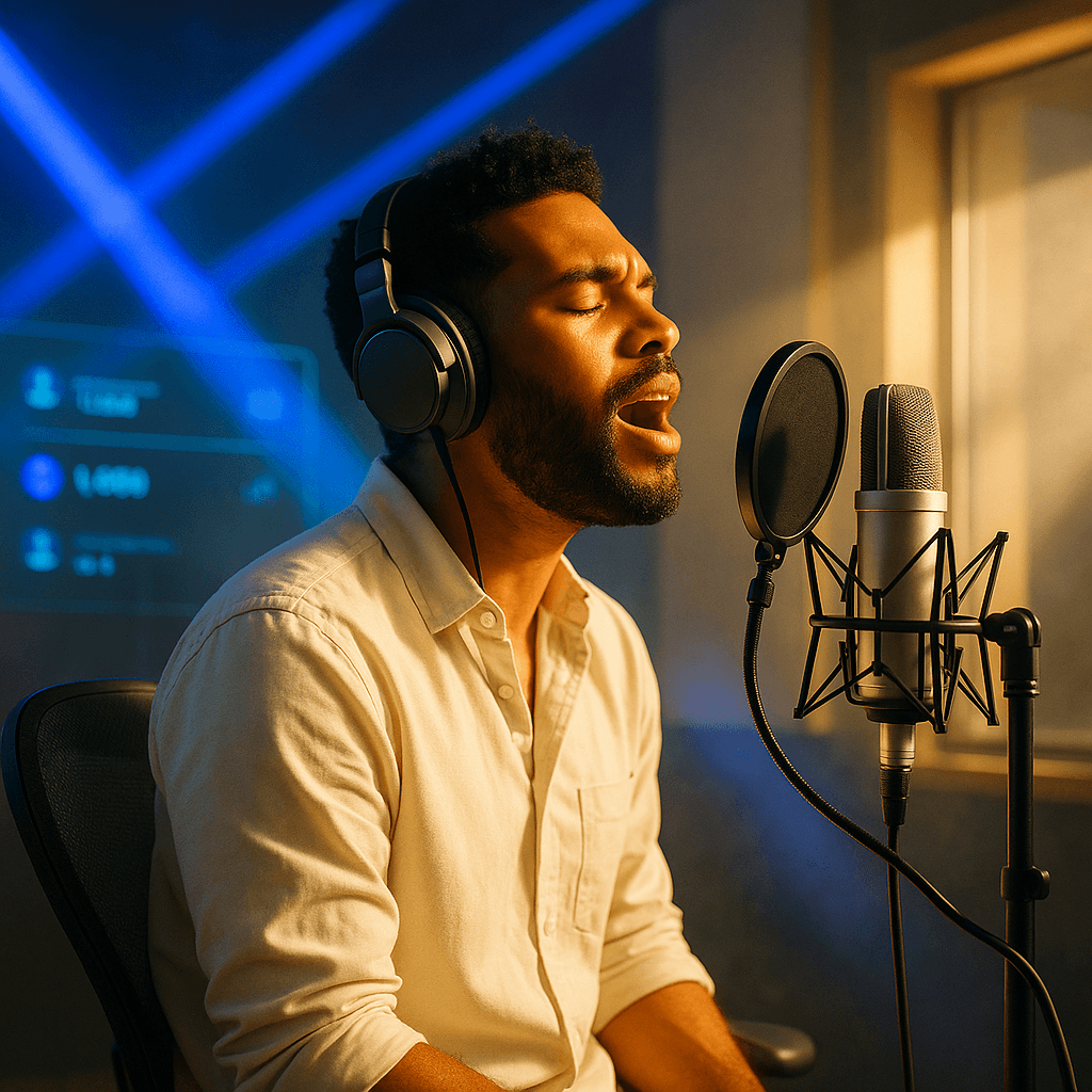 Artist singing into a studio microphone